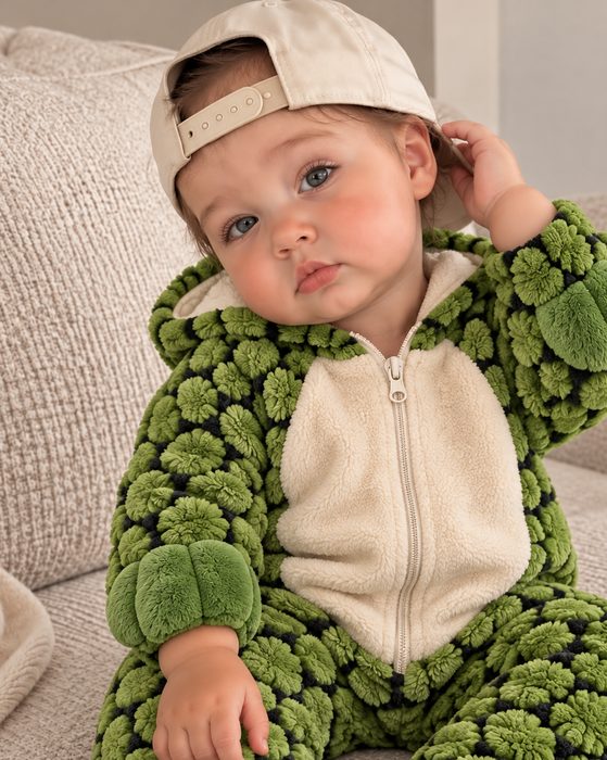 Bebê de boné sentado no sofá, usando o macacão Little Turtle