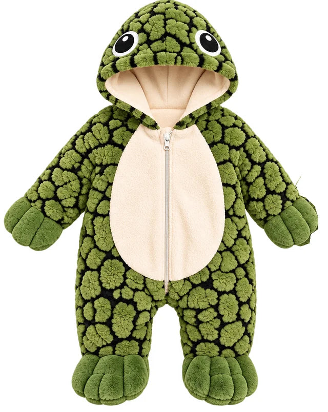 Macacão de pelúcia Little Turtle verde, visto de frente