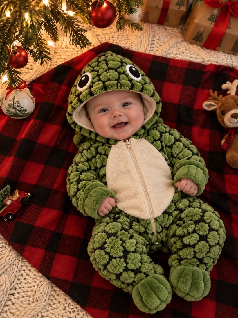 Bebê sorrindo de macacão de tartaruga, deitado numa manta xadrez perto da árvore de Natal