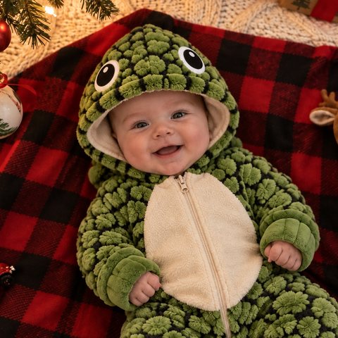 Bebê sorrindo de macacão de tartaruga perto da árvore de Natal